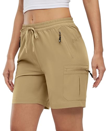 YSENTO Damen Wanderhose Kurz Sommer Leichte Cargohose Sporthose Arbeitshose Schnelltrocknend Atmungsaktiv Outdoor Shorts(Khaki,L) von YSENTO
