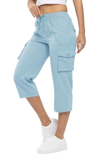 YSENTO Damen Wanderhose Outdoorhose 3/4 Sommerhose Capri Cargohose Leichte Stretch Trekkinghose Funktionshose(Baby blau,3XL) von YSENTO