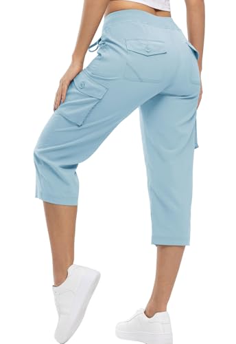 YSENTO Damen Wanderhose Outdoorhose 3/4 Sommerhose Capri Cargohose Leichte Stretch Trekkinghose Funktionshose(Baby blau,L) von YSENTO