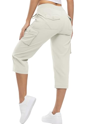 YSENTO Damen Wanderhose Outdoorhose 3/4 Sommerhose Capri Cargohose Leichte Stretch Trekkinghose Funktionshose(Beige,M) von YSENTO