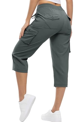 YSENTO Damen Wanderhose Outdoorhose 3/4 Sommerhose Capri Cargohose Leichte Stretch Trekkinghose Funktionshose(Dunkelgrau,L) von YSENTO