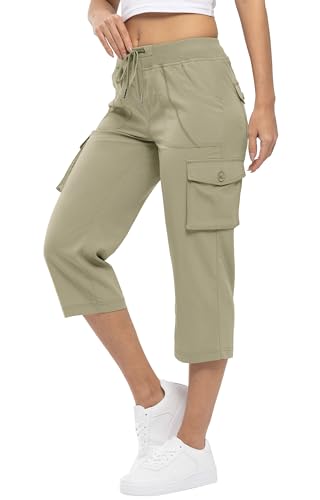 YSENTO Damen Wanderhose Outdoorhose 3/4 Sommerhose Capri Cargohose Leichte Stretch Trekkinghose Funktionshose(Grau Khaki,L) von YSENTO