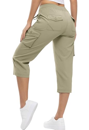 YSENTO Damen Wanderhose Outdoorhose 3/4 Sommerhose Capri Cargohose Leichte Stretch Trekkinghose Funktionshose(Grau Khaki,XS) von YSENTO