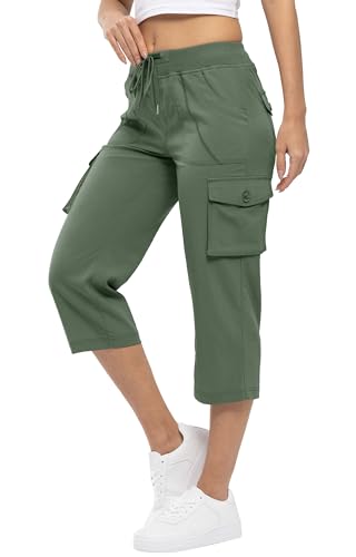 YSENTO Damen Wanderhose Outdoorhose 3/4 Sommerhose Capri Cargohose Leichte Stretch Trekkinghose Funktionshose(Grün,XL) von YSENTO