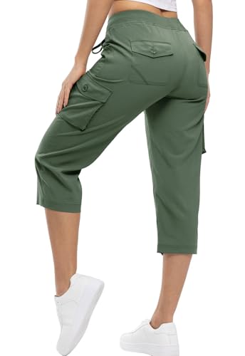 YSENTO Damen Wanderhose Outdoorhose 3/4 Sommerhose Capri Cargohose Leichte Stretch Trekkinghose Funktionshose(Grün,XS) von YSENTO