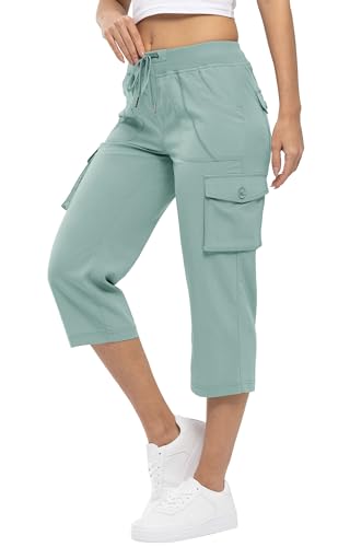 YSENTO Damen Wanderhose Outdoorhose 3/4 Sommerhose Capri Cargohose Leichte Stretch Trekkinghose Funktionshose(Hellgrün,S) von YSENTO