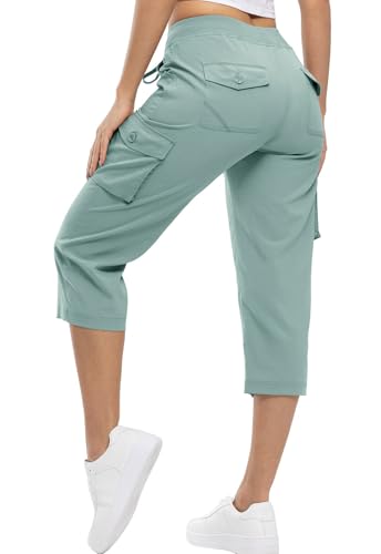 YSENTO Damen Wanderhose Outdoorhose 3/4 Sommerhose Capri Cargohose Leichte Stretch Trekkinghose Funktionshose(Hellgrün,XXL) von YSENTO