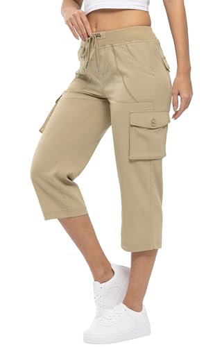 YSENTO Damen Wanderhose Outdoorhose 3/4 Sommerhose Capri Cargohose Leichte Stretch Trekkinghose Funktionshose(Khaki,M) von YSENTO