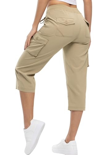 YSENTO Damen Wanderhose Outdoorhose 3/4 Sommerhose Capri Cargohose Leichte Stretch Trekkinghose Funktionshose(Khaki,XL) von YSENTO