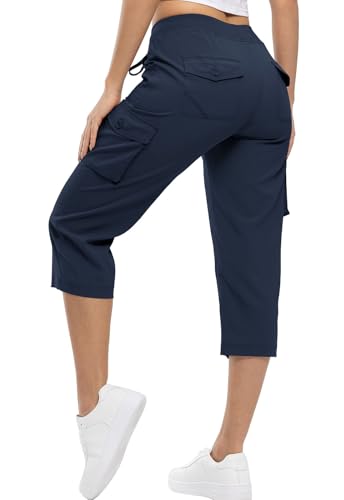 YSENTO Damen Wanderhose Outdoorhose 3/4 Sommerhose Capri Cargohose Leichte Stretch Trekkinghose Funktionshose(Marine,M) von YSENTO