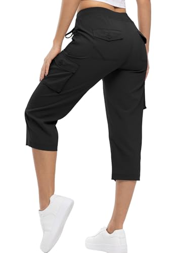 YSENTO Damen Wanderhose Outdoorhose 3/4 Sommerhose Capri Cargohose Leichte Stretch Trekkinghose Funktionshose(Schwarz,3XL) von YSENTO