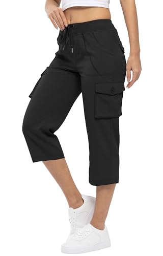 YSENTO Damen Wanderhose Outdoorhose 3/4 Sommerhose Capri Cargohose Leichte Stretch Trekkinghose Funktionshose(Schwarz,L) von YSENTO