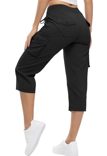 YSENTO Damen Wanderhose Outdoorhose 3/4 Sommerhose Capri Cargohose Leichte Stretch Trekkinghose Funktionshose(Schwarz,XXL) von YSENTO