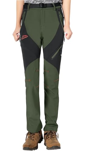 YSENTO Damen Wanderhose Wasserdicht Regenhosen Outdoor Warm Softshellhose Gefüttert Trekkinghose Funktionshose(Grün,2XL) von YSENTO
