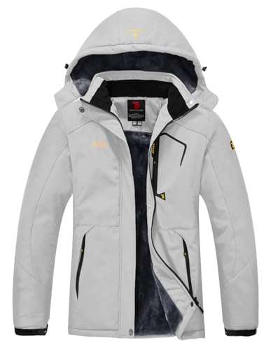 YSENTO Damen Winter Fleece wasserdichte Skijacke Outdoor Verdickte Softshell Warm Winddicht Wandern Funktionelle Atmungsaktive Jacke mit Abnehmbarer Kapuze(Hellgrau,M) von YSENTO