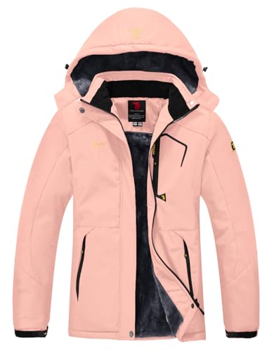 YSENTO Damen Winter Fleece wasserdichte Skijacke Outdoor Verdickte Softshell Warm Winddicht Wandern Funktionelle Atmungsaktive Jacke mit Abnehmbarer Kapuze(Rosa,L) von YSENTO
