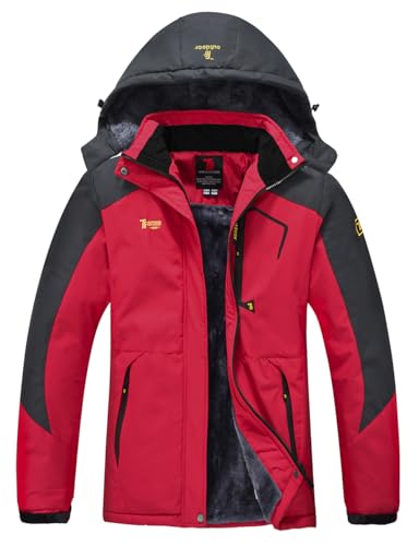 YSENTO Damen Winter Fleece wasserdichte Skijacke Outdoor Verdickte Softshell Warm Winddicht Wandern Funktionelle Atmungsaktive Jacke mit Abnehmbarer Kapuze(Rot,M) von YSENTO