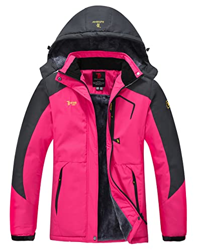 YSENTO Damen Winterjacke Wasserdicht Skijacke Outdoor Softshelljacke Warm Fleecejacke Funktionsjacke mit Abnehmbarer Kapuze(Rose,XL) von YSENTO