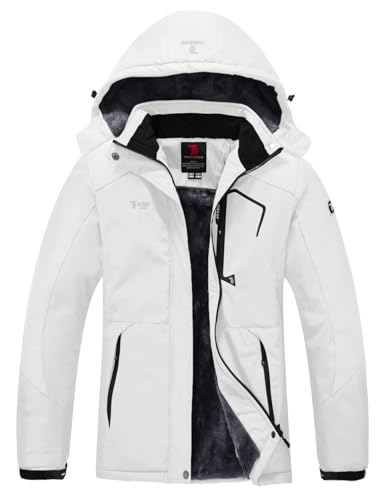YSENTO Damen Winterjacke Wasserdicht Skijacke Outdoor Softshelljacke Warm Fleecejacke Funktionsjacke mit Abnehmbarer Kapuze(Weiß,S) von YSENTO