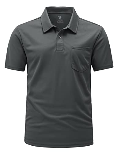 YSENTO Golf-Shirts für Herren, trockene Passform, feuchtigkeitsableitend, kurzärmelig, mit Kragen, mit Tasche, 2 Knöpfen, dunkelgrau, Groß von YSENTO