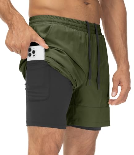 YSENTO Herren 2 in 1 Sports Shorts Kurze Sporthose Laufhose Schnelltrocknend Trainingsshorts Badeshorts Boardshorts(Grün,XL) von YSENTO