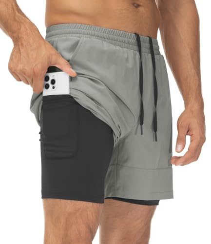 YSENTO Herren 2 in 1 Sports Shorts Kurze Sporthose Laufhose Schnelltrocknend Trainingsshorts Badeshorts Boardshorts(Hellgrau,XXL) von YSENTO