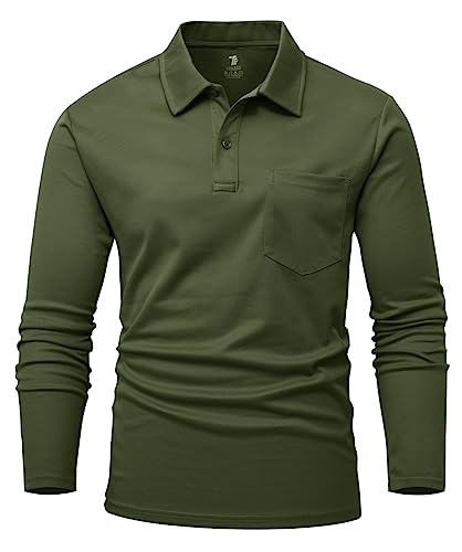 YSENTO Herren Langarm Golf Polo Shirts Schnelltrocknen Outdoor Funktionelle Atmungsaktive Leichte Sport Tennis Arbeit Shirts Tops(Armeegrün,2XL) von YSENTO