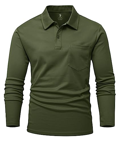 YSENTO Herren Langarm Golf Polo Shirts Schnelltrocknen Outdoor Funktionelle Atmungsaktive Leichte Sport Tennis Arbeit Shirts Tops(Armeegrün,M) von YSENTO