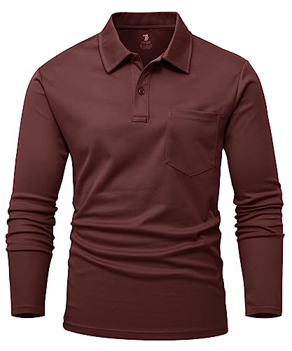 YSENTO Herren Langarm Golf Polo Shirts Schnelltrocknen Outdoor Funktionelle Atmungsaktive Leichte Sport Tennis Arbeit Shirts Tops(Weinrot,2XL) von YSENTO