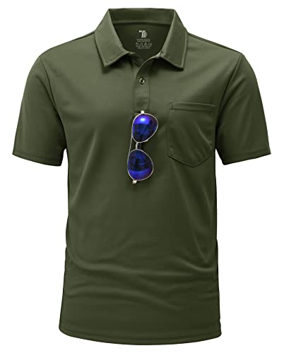 YSENTO Herren Poloshirts Kurzarm Golfshirts Atmungsaktiv Funktionell Tennis Arbeit Casual T-Shirts mit Brillenhalter(Armeegrün,3XL) von YSENTO