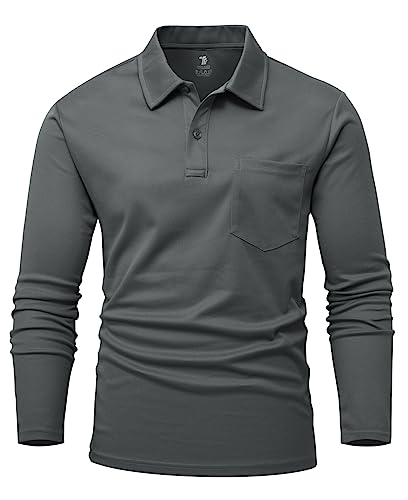 YSENTO Herren Poloshirts Langarm Golfshirts Schnelltrocknend Atmungsaktiv Outdoor Funktionell Tennis Arbeit Casual Polo T-Shirts Tops mit Brillenhalter(Dunkelgrau,2XL) von YSENTO