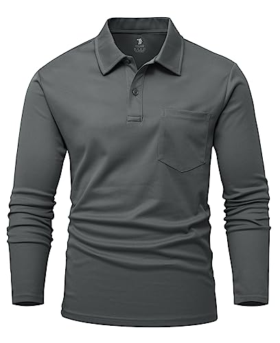 YSENTO Herren Poloshirts Langarm Golfshirts Schnelltrocknend Atmungsaktiv Outdoor Funktionell Tennis Arbeit Casual Polo T-Shirts Tops mit Brillenhalter(Dunkelgrau,M1) von YSENTO