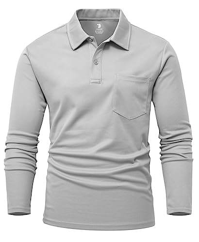 YSENTO Herren Poloshirts Langarm Golfshirts Schnelltrocknend Atmungsaktiv Outdoor Funktionell Tennis Arbeit Casual Polo T-Shirts Tops mit Brillenhalter(Hellgrau,3XL) von YSENTO