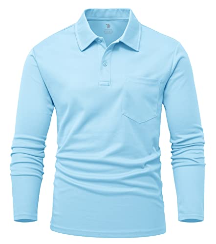 YSENTO Herren Poloshirts Langarm Golfshirts Schnelltrocknend Atmungsaktiv Outdoor Funktionell Tennis Arbeit Casual Polo T-Shirts Tops mit Brillenhalter(Himmelblau,L) von YSENTO