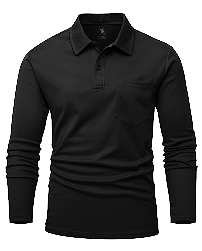 YSENTO Herren Poloshirts Langarm Golfshirts Schnelltrocknend Atmungsaktiv Outdoor Funktionell Tennis Arbeit Casual Polo T-Shirts Tops mit Brillenhalter(Schwarz,2XL) von YSENTO