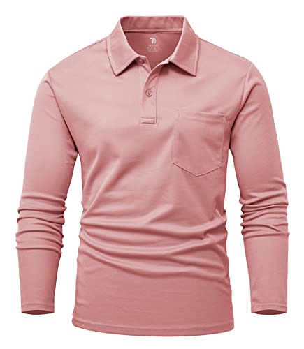 YSENTO Herren Poloshirts Langarm Golfshirts Schnelltrocknend Atmungsaktiv Outdoor Funktionell Tennis Arbeit Casual Polo T-Shirts Tops mit Brillenhalter(Staubrosa,XL) von YSENTO