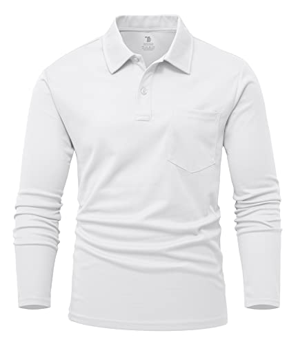 YSENTO Herren Poloshirts Langarm Golfshirts Schnelltrocknend Atmungsaktiv Outdoor Funktionell Tennis Arbeit Casual Polo T-Shirts Tops mit Brillenhalter(Weiß,XL) von YSENTO