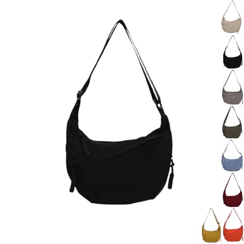 YSEWGFV Modische, einfarbige Hobo-Umhängetasche aus Nylon für Damen, leicht, lässige Umhängetasche (Black,Large) von YSEWGFV