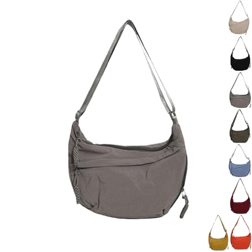 YSEWGFV Modische, einfarbige Hobo-Umhängetasche aus Nylon für Damen, leicht, lässige Umhängetasche (Gray,Large) von YSEWGFV
