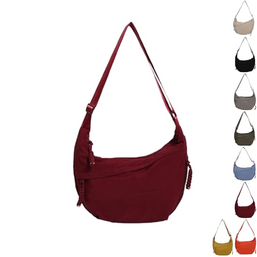 YSEWGFV Modische, einfarbige Hobo-Umhängetasche aus Nylon für Damen, leicht, lässige Umhängetasche (Red,Large) von YSEWGFV