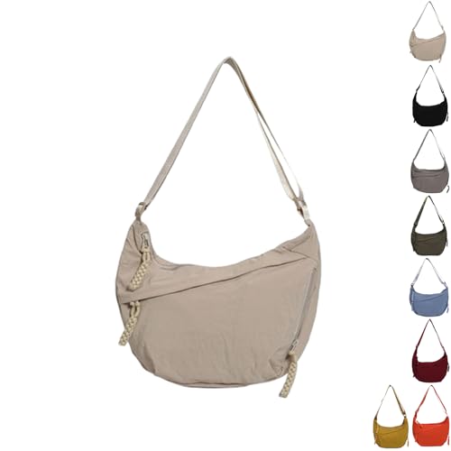 YSEWGFV Modische, einfarbige Hobo-Umhängetasche aus Nylon für Damen, leicht, lässige Umhängetasche (White,Large) von YSEWGFV