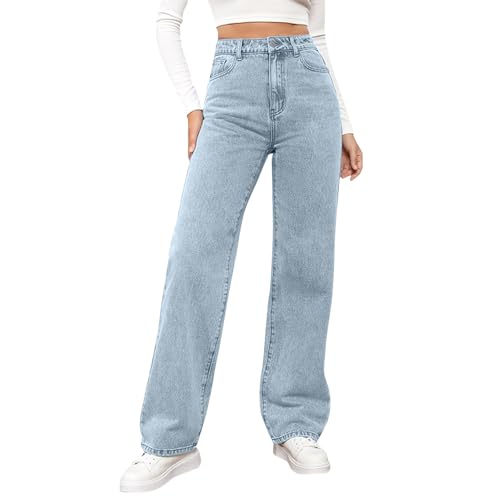 Damen Jeans Gerades Bein,Mittlere Taille Hüftjeans Straight-Fit Denimjeans Y2k Clothes Dunkle Waschung Hosen Lose Fit Pants Gerade Geschnitten Jeanshosen Freizeithose mit Taschen(#B Light Blue,M) von YSFWL