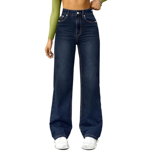 Damen Jeans Gerades Bein,Mittlere Taille Hüftjeans Straight-Fit Denimjeans Y2k Clothes Dunkle Waschung Hosen Lose Fit Pants Gerade Geschnitten Jeanshosen Freizeithose mit Taschen(#C Dark Blue,XL) von YSFWL