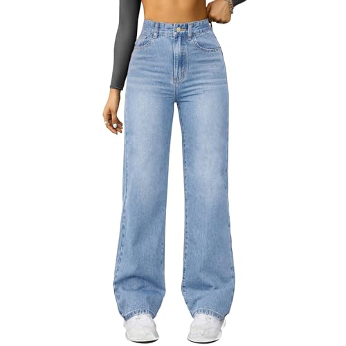 Damen Jeans Gerades Bein,Mittlere Taille Hüftjeans Straight-Fit Denimjeans Y2k Clothes Dunkle Waschung Hosen Lose Fit Pants Gerade Geschnitten Jeanshosen Freizeithose mit Taschen(#C Light Blue,M) von YSFWL