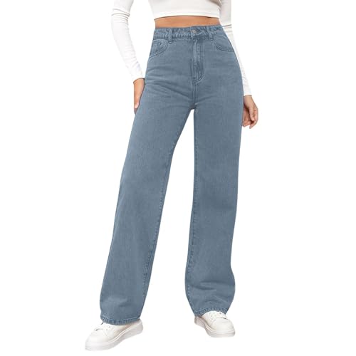 Damen Jeans Gerades Bein,Mittlere Taille Hüftjeans Straight-Fit Denimjeans Y2k Clothes Dunkle Waschung Vintage Hosen Lose Fit Pants Gerade Geschnitten Jeanshosen Freizeithose mit Taschen(#B Blue,S) von YSFWL