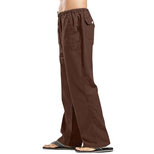 Herren Leinenhose Sommer Leicht Atmungsaktiv Hosen Lang Sommerhose Loose Fit Freizeithose Leinen & Baumwolle Hose Einfarbiges Stoffhose Casual Urlaub Strandhosen Komfortabel Sporthose(Braun,L) von YSFWL
