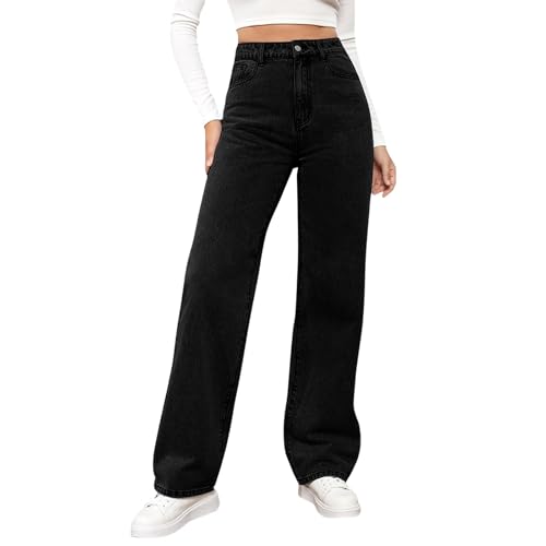 YSFWL Damen Jeans Gerades Bein,Mittlere Taille Hüftjeans Straight-Fit Denimjeans Y2k Clothes Dunkle Waschung Hosen Lose Fit Pants Gerade Geschnitten Jeanshosen Freizeithose mit Taschen(#B Black,XXL) von YSFWL