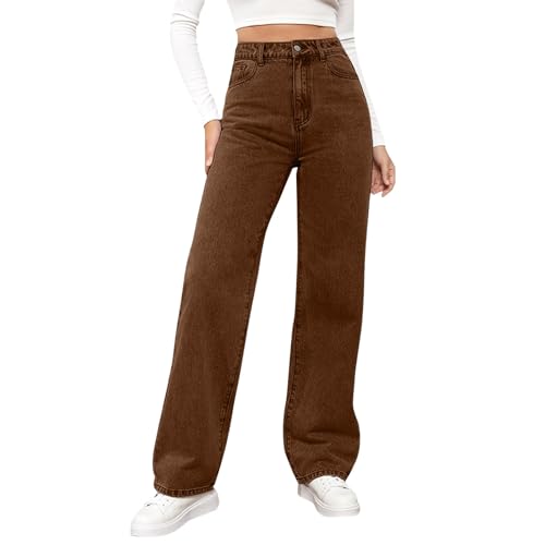 YSFWL Damen Jeans Gerades Bein,Mittlere Taille Hüftjeans Straight-Fit Denimjeans Y2k Clothes Dunkle Waschung Hosen Lose Fit Pants Gerade Geschnitten Jeanshosen Freizeithose mit Taschen(#B Brown,XXL) von YSFWL