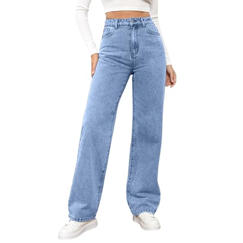 YSFWL Damen Jeans Gerades Bein,Mittlere Taille Hüftjeans Straight-Fit Denimjeans Y2k Clothes Dunkle Waschung Hosen Lose Fit Pants Gerade Geschnitten Jeanshosen Freizeithose mit Taschen（#E Black,XXL） von YSFWL