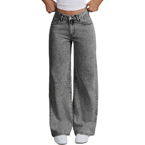 YSFWL Jeans Damen Straight,Mid Waist Denimjeans Straight-Fit Hüftjeans Y2k Clothes Washed Blue Vintage Hosen Lose Fit Pants Gerade Geschnitten Jeanshosen Bequeme Freizeithose mit Tasche（#C Black,S） von YSFWL